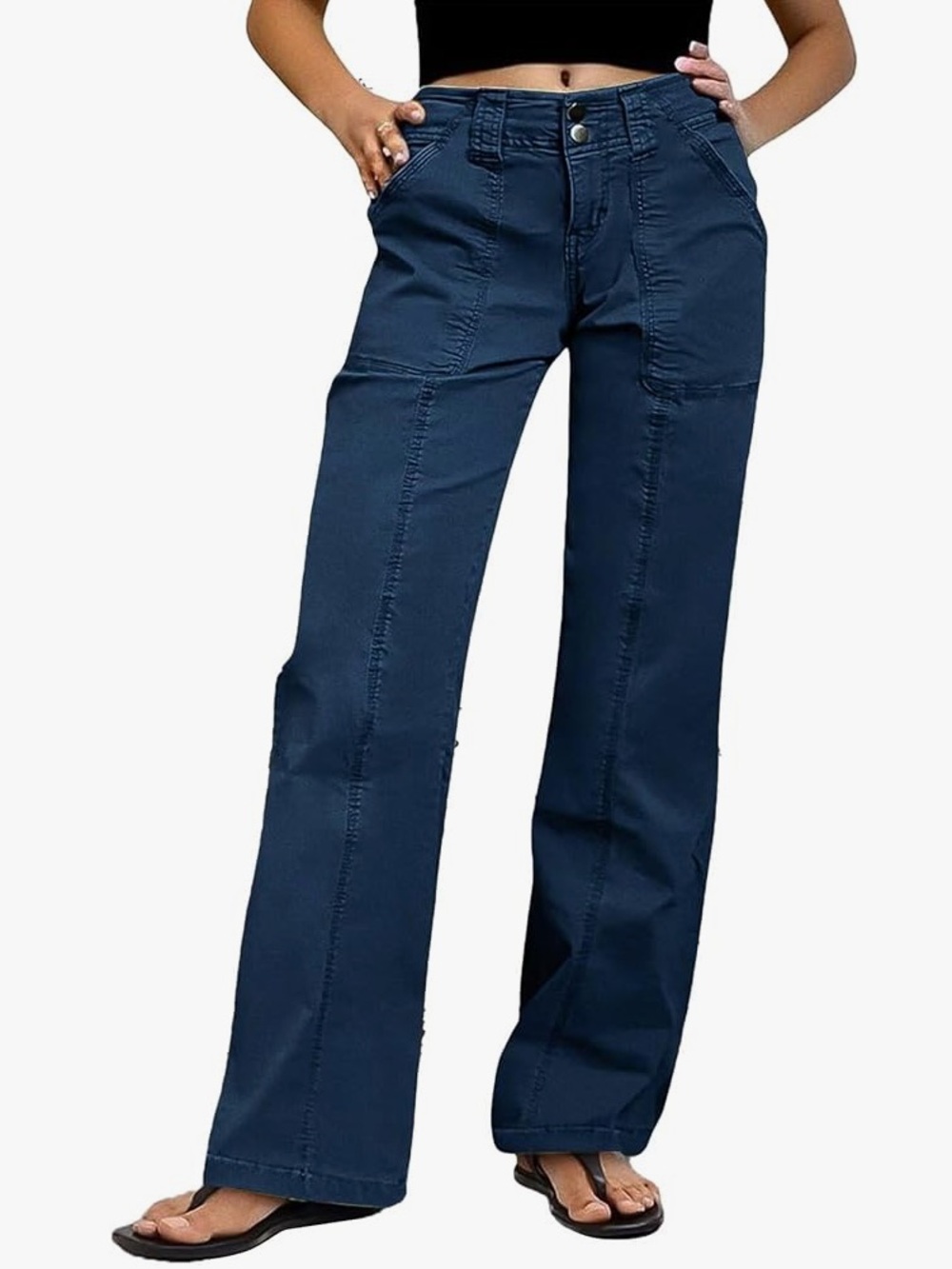 Flamingals Mid Rise Straight Leg Solid Seam Front Flap Pocket Pants Navy Med NWT - Picture 1 of 7